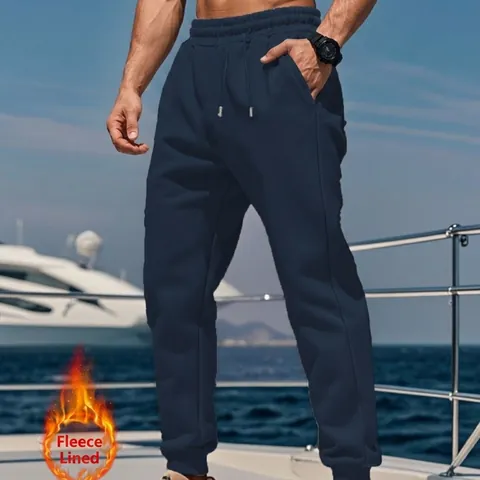 Men Fleece Lined Joggers Solid Color Casual Sweatpants For Outdoor Sports Winter Thermal Knitted Drawstring Bottom Pants
