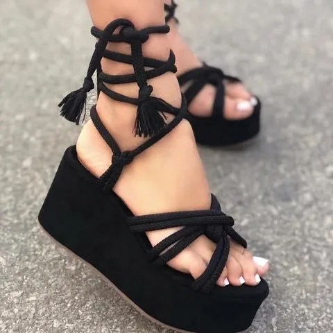 Women Peep Toe Lace-Up Wedge Sandals High Platform Bohemian Strappy Sandals With Tassels PU Summer Shoes