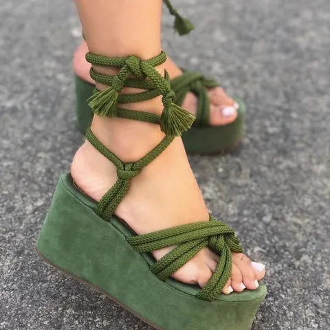 Women Peep Toe Lace-Up Wedge Sandals High Platform Bohemian Strappy Sandals With Tassels PU Summer Shoes