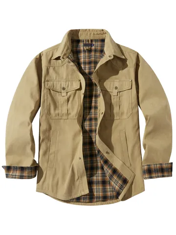 Men's Vintage Western Style Plaid Flannel Lined Jacket Casual Button Down Lapel Workwear Outerwear Canvas Coat