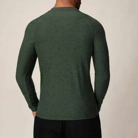 Men Sport Long Sleeve T-Shirt Quick Dry Henley Neck Raglan Sleeve Heathered Top Slim Fit Gym Running Fitness Training Baselayer