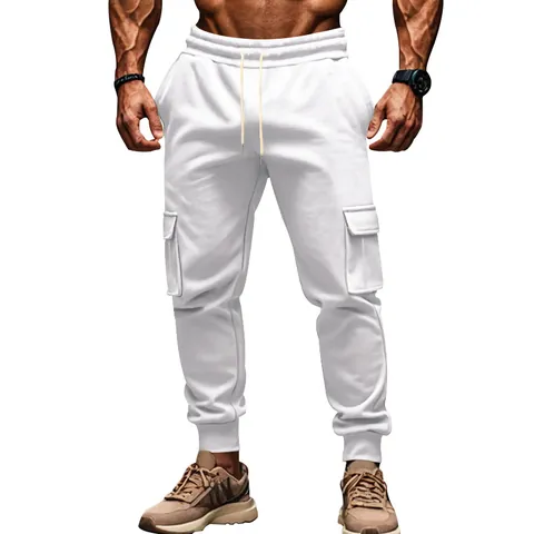 Men's Winter Fleece Cargo Pants Multi-Pocket Casual Joggers Drawstring Thickened Sweatpants Solid Color Sport Trousers