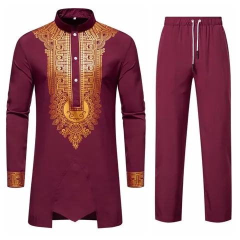 Ensemble Dashiki Style Ethnique pour Hommes Imprimé Bronze Doré Chemise Tunique Manches Longues et Pantalons Top And Bottom