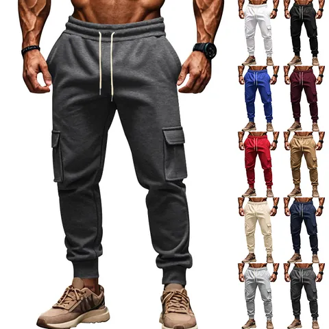 Men's Winter Fleece Cargo Pants Multi-Pocket Casual Joggers Drawstring Thickened Sweatpants Solid Color Sport Trousers