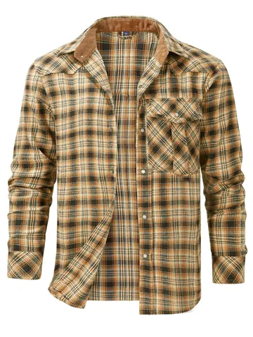 Men Western Plaid Flannel Shirt Jacket Long Sleeve Pearl Snap Casual Shacket Top With Chest Pocket For Autumn Winter