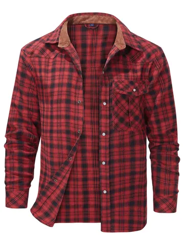 Men Western Plaid Flannel Shirt Jacket Long Sleeve Pearl Snap Casual Shacket Top With Chest Pocket For Autumn Winter