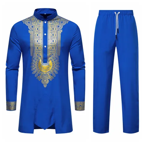 Ensemble Dashiki Style Ethnique pour Hommes Imprimé Bronze Doré Chemise Tunique Manches Longues et Pantalons Top And Bottom