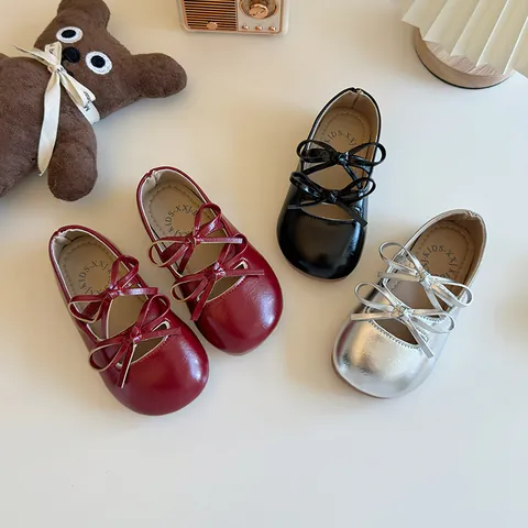 Mädchen Prinzessin Ballerinas Mit Schleife Weiche Sohle PU Leder Schlupfschuhe Für Hochzeit Party Schule Frühling Herbst Koreanischer Stil