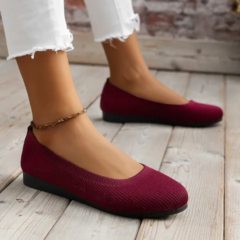 Women's Knitted Flat Shoes Breathable Round Toe Loafers Comfortable Walking Shoes Casual Slip On Mom Shoes Fashion