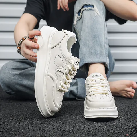 Men's Casual Split Leather Platform Sneakers Soft Sole Height Increasing Skate Shoes Minimalist Solid Color Low Top Footwear