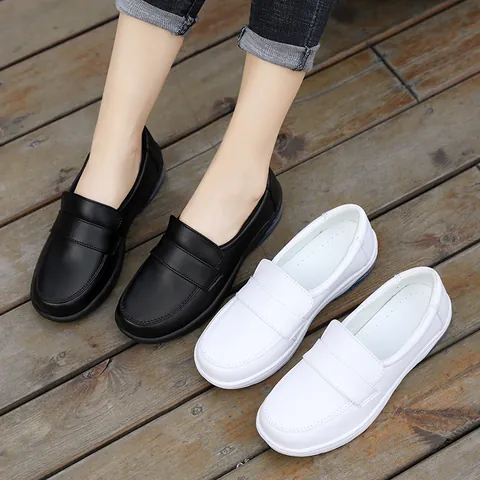Women Nursing Work Shoes Air Cushion Slip On Flat PU Leather Comfortable Non Slip White Black Hospital Footwear