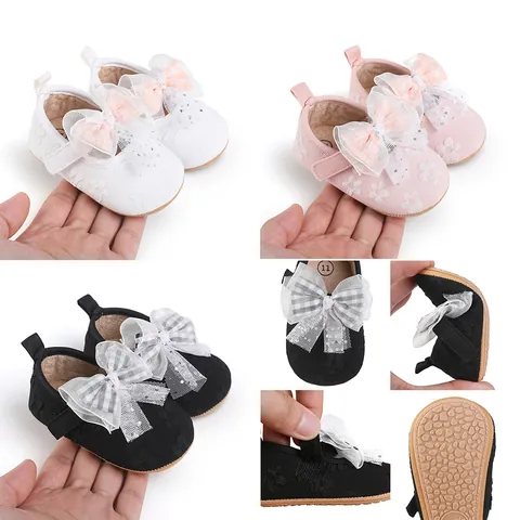 Baby Girls Princess Walking Shoes Bow Lace Soft Sole Anti-Slip Infant First Walkers Toddler Flats Velcro Dress Shoes For Spring Autumn