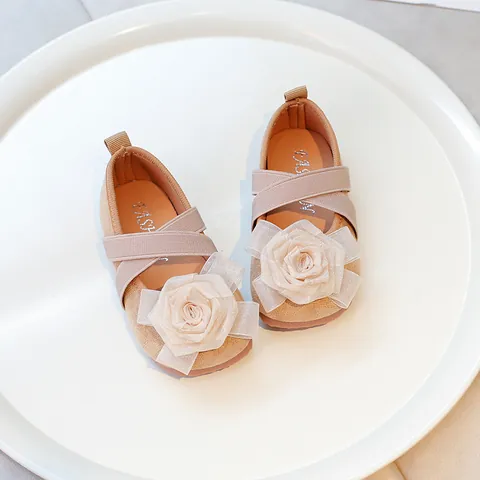 Sweet Princess Floral Shoes For Girls Round Toe Soft Sole Mary Janes Toddler Kids Wedding Party Dance Shoes Cross Elastic Strap