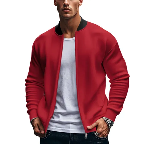 Men American Twill Stand Collar Baseball Jacket Casual Slim Fit Zip Up Outerwear Windproof Solid Color Long Sleeve Top