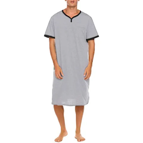 Men's Modal Cotton V-Neck Short Sleeve Nightgown Loose Long Sleep Shirt With Pocket Contrast Binding Loungewear Casual Pajamas