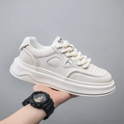 Men's Casual Split Leather Platform Sneakers Soft Sole Height Increasing Skate Shoes Minimalist Solid Color Low Top Footwear