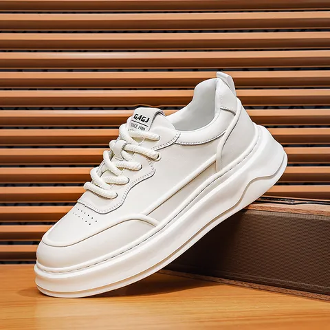 Scarpe da Skate Casual da Uomo Platform Pelle Crosta Sneaker Bianche Traspiranti Rialzate Stringate Moda Scarpe Sportive