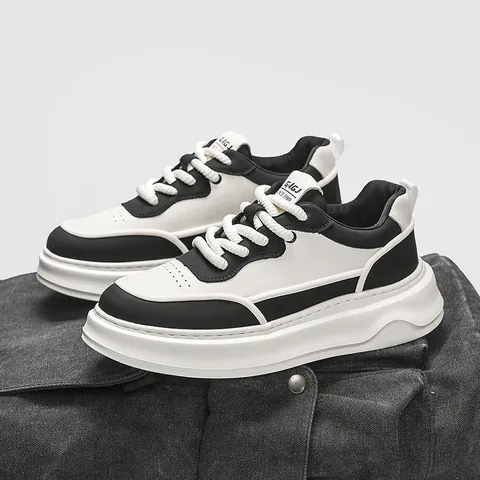 Scarpe da Skate Casual da Uomo Platform Pelle Crosta Sneaker Bianche Traspiranti Rialzate Stringate Moda Scarpe Sportive