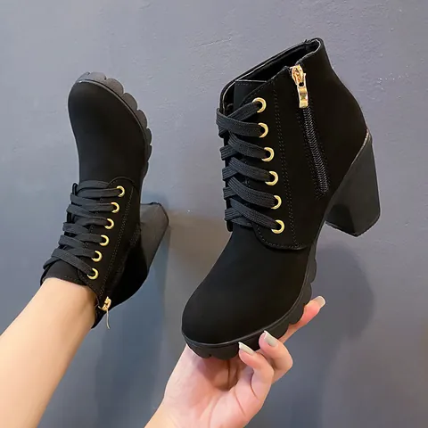 Damen Mode Hoher Blockabsatz Martin Boots Runde Zehe Gürtelschnalle Schnürung Seitenreißverschluss Herbst Casual Ankle Boots Künstliches PU Leder Schuhe
