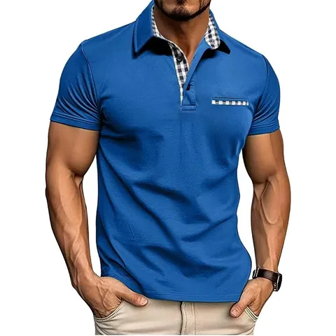 Men's Stand Collar Polo Shirt Short Sleeve Patchwork Plaid Detail Breathable Moisture Wicking Casual Business Top Summer Fashion