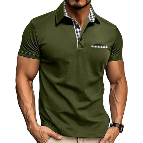 Men Polyester Short Sleeve Polo Shirt Patchwork Gingham Turn-Down Collar Breathable Moisture Wicking Sport Casual Top