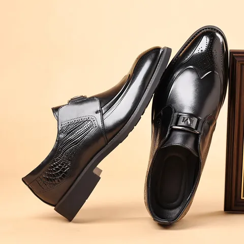 Zapatos Brogue Británicos para Hombre Punta Estrecha Negocios Formales Patrón Cocodrilo Retro Tallados Hebilla M Oxfords