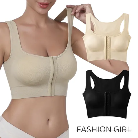 Women's Front Buckle Sports Bra Wire-free Seamless Breathable Mesh Vest Top For Yoga Running Fitness Nylon Comfort Support Bra