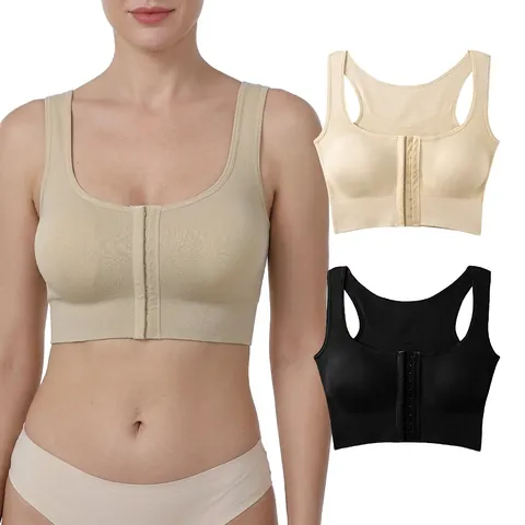 Women's Front Buckle Sports Bra Wire-free Seamless Breathable Mesh Vest Top For Yoga Running Fitness Nylon Comfort Support Bra