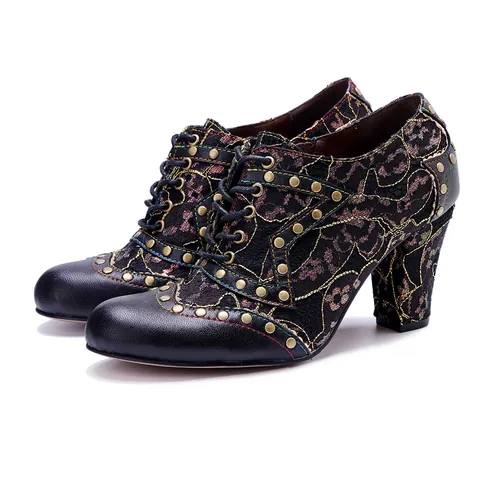 Vintage Schapenvacht Blokhak Schoenen met Hoge Hakken Voor Vrouwen Handgemaakte Patchwork Klinknagel Vetersluiting Europese Stijl Gothic Pumps Mode Schoenen