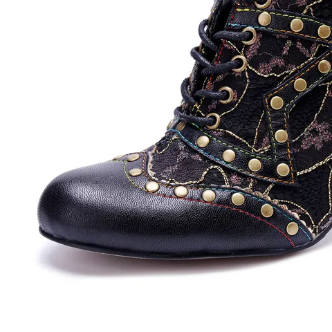 Vintage Schapenvacht Blokhak Schoenen met Hoge Hakken Voor Vrouwen Handgemaakte Patchwork Klinknagel Vetersluiting Europese Stijl Gothic Pumps Mode Schoenen