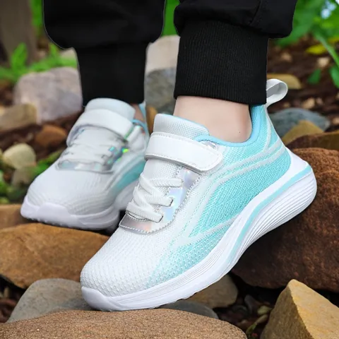 Girls Running Shoes Breathable Mesh Sneakers For 6-12 Years Old Kids Hook-and-Loop Sporty Casual Walking Shoes White Green Black Pink