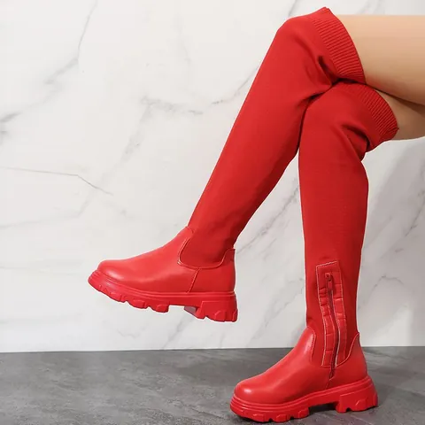 Women's Over-the-Knee Boots Flyknit Elastic Thigh High Boots Round Toe Chunky Heel Platform Long Boots Winter Warm Footwear