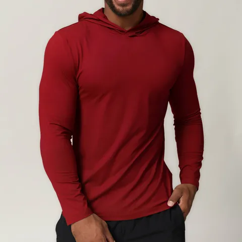 Men Quick-Dry Hooded Athletic T-Shirt Long Sleeve Pullover Running Fitness Gym Workout Sports Top Polyester Spandex Solid