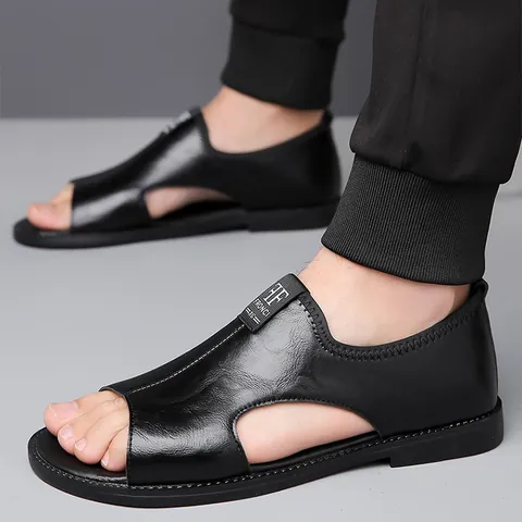Men's Casual Microfiber Leather Sandals Breathable Hollow Out Beach Shoes Non-Slip Soft Sole Roman Sandals For Men