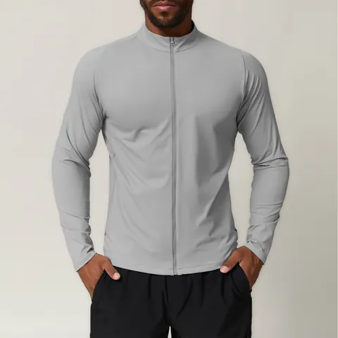 Heren Opstaande Kraag Sport Fitness Jas Hoge Elasticiteit Polyester Bedrukt Volledige Rits Top Voor Outdoor Workout Gym