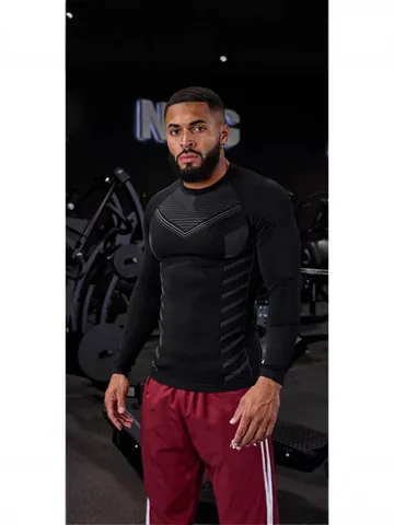 Men Long Sleeve Sport T-Shirt Compression Slim Fit Breathable Geometric Printed Polyester Training Top For Gym Fitness