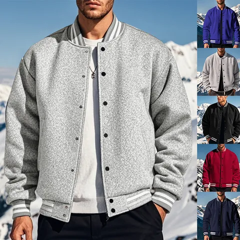American Vintage Varsity Baseball Jacket Men Casual Loose Fit Stand Collar Single Breasted Fleece Lined Winter Coat Outerwear