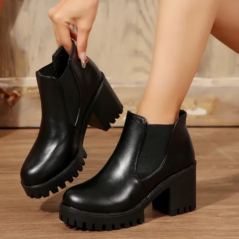 Dames Chelsea Boots Dikke Zool Blokhak PU Leer Enkellaarzen Elastische Zijkant Ronde Neus Mode Platform Laarzen Zwart