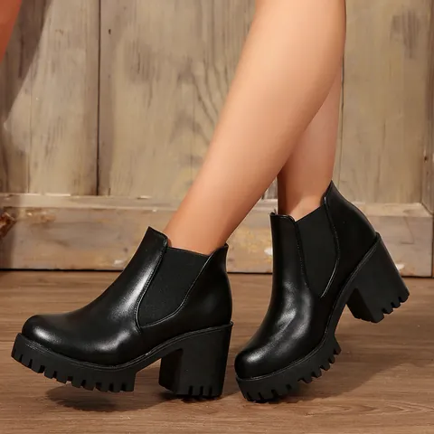 Dames Chelsea Boots Dikke Zool Blokhak PU Leer Enkellaarzen Elastische Zijkant Ronde Neus Mode Platform Laarzen Zwart