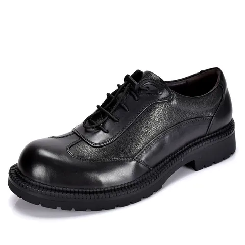 Men's Thick Sole Round Toe Derby Shoes Genuine Top Layer Cowhide Business Casual Lace Up Oxford Shoes Vintage Breathable Sneakers