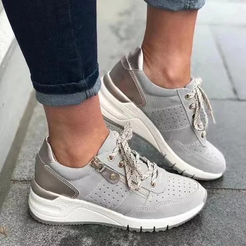 Γυναικεία Casual Sneakers με Πλατφόρμα Διάτρητο PU Δέρμα Επίπεδα Παπούτσια με Κορδόνια και Πλαϊνό Φερμουάρ για Περπάτημα
