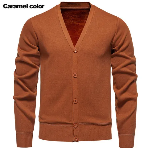 Men's V-Neck Casual Cardigan Sweater Ribbed Hem Solid Color Long Sleeve Knitted Jacket For Autumn Winter Adult Office