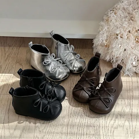 Bottines Martin pour Bébés Filles Chaussures de Marche en Cuir Microfibre Nœud Papillon Montante Semelle Souple Fermeture Éclair