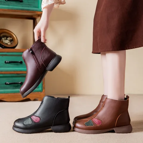 Women Winter Warm Wool Lined Ankle Boots Microfiber Leather Embroidery Non Slip Side Zipper Casual Middle-aged Mama Shoes