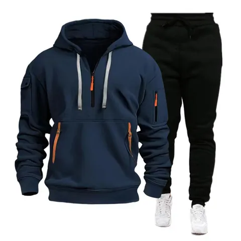 Men Casual Sports Tracksuit Fleece Lined Hoodie and Jogger Pants Set Multi Pocket Half Zip Long Sleeve Solid Color Warm Autumn Winter Workout Outfit