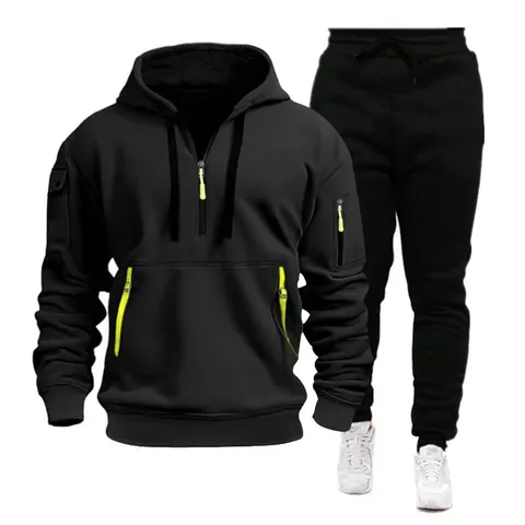 Men Casual Sports Tracksuit Fleece Lined Hoodie and Jogger Pants Set Multi Pocket Half Zip Long Sleeve Solid Color Warm Autumn Winter Workout Outfit
