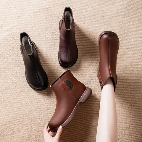 Women Winter Ankle Boots Warm Fleece Lined Side Zipper Microfiber Leather Anti-slip Mother Shoes Outdoor Casual Boots