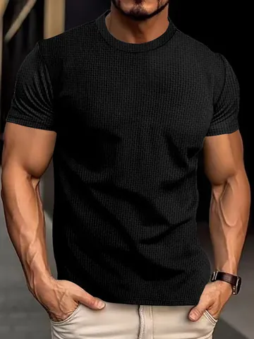 Men's Seersucker Textured T-Shirt Slim Fit Short Sleeve Muscle Top Casual Crew Neck Sporty Solid Color Nylon Undershirt