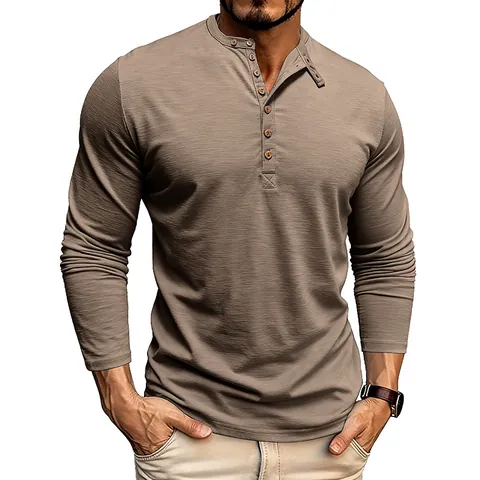 Men's Vintage Slub Polyester Long Sleeve Henley Shirt Slim Fit Solid Color Multi Button Casual Breathable Fashion Top