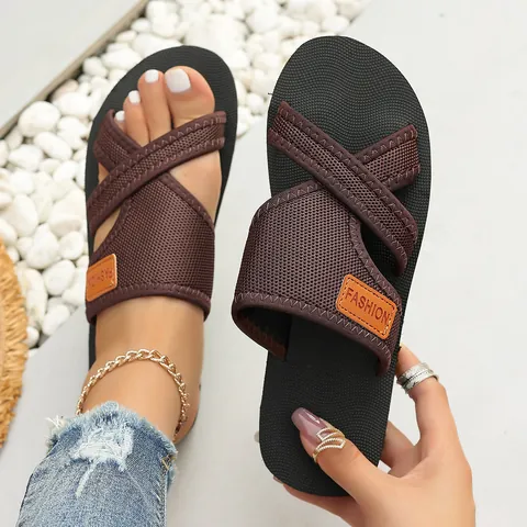 Women Mesh Slides Breathable Cross Strap Flat Slippers Summer Beach Outdoor Lightweight Fashion Casual Sandals